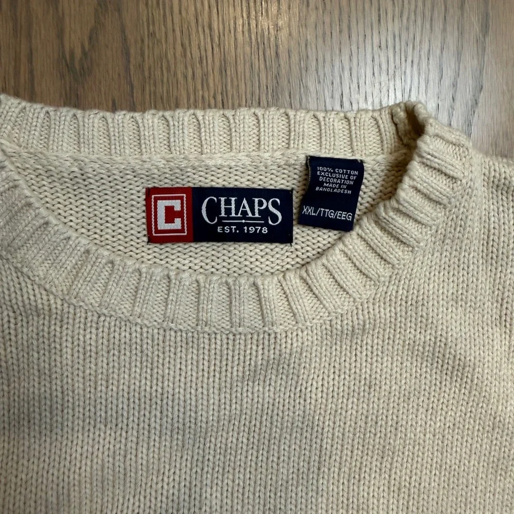 Chaps Mens XXL Cream 100% Cotton‎ Crew Neck Sweater Logo Long Sleeve Pullover